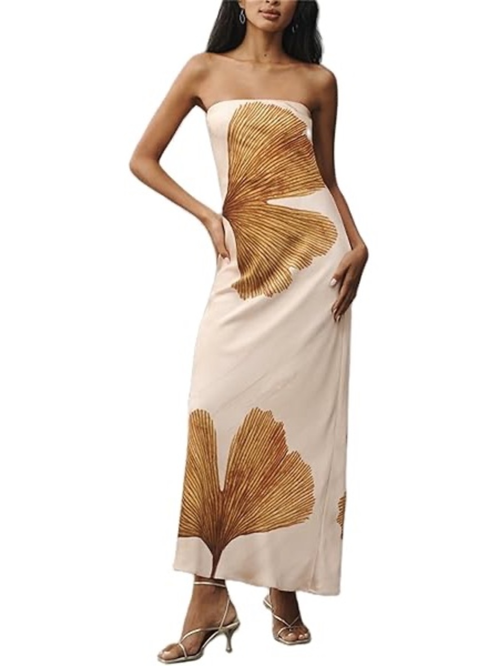 Anthropologie Strapless Cream Dress with Gold Leaf Print